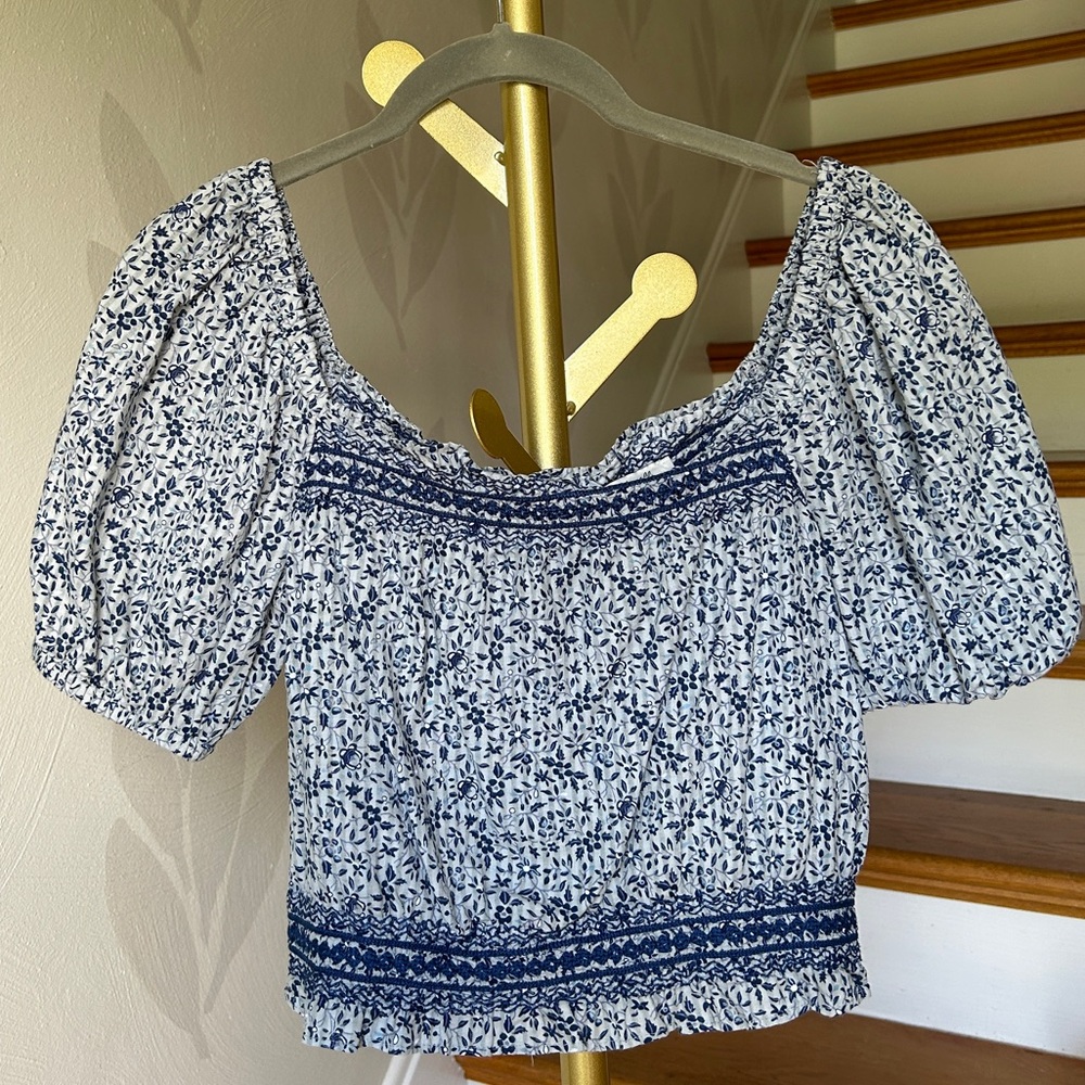 Madewell Blue Floral Billowy Sleeve Embroidered Blouse with Back Buttons